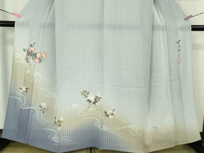 平和屋着物＊極上 夏物 中嶋博司 訪問着 縦絽 手描き 草花 淡藤色地 金彩 逸品 未使用 DZAB2148kh6