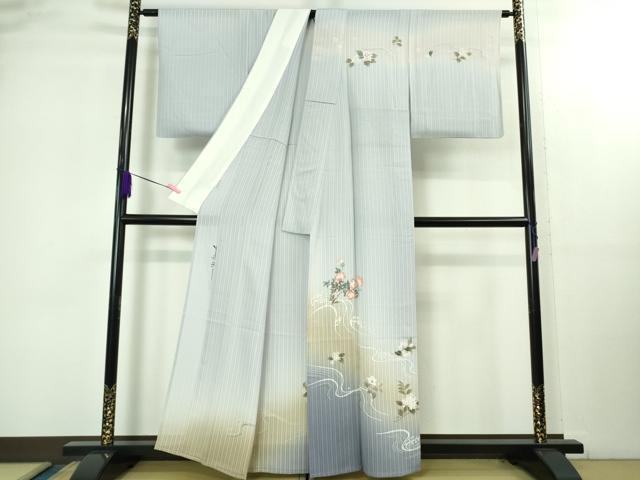 平和屋着物＊極上 夏物 中嶋博司 訪問着 縦絽 手描き 草花 淡藤色地 金彩 逸品 未使用 DZAB2148kh6