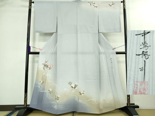平和屋着物＊極上 夏物 中嶋博司 訪問着 縦絽 手描き 草花 淡藤色地 金彩 逸品 未使用 DZAB2148kh6