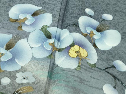 平和屋着物●極上　訪問着　螺鈿　胡蝶蘭　草花文　青藤色地　暈し染め　金銀彩　健勝苑扱い　逸品　未使用　DZAB2151kh6
