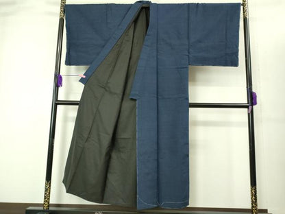 平和屋着物■極上　男性　紬　アンサンブル　キングサイズ　長襦袢(無双仕立て)・長羽織　濃い青藍色　逸品　未使用　DZAB2156kh6