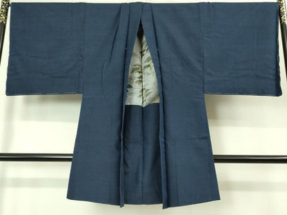 平和屋着物■極上　男性　紬　アンサンブル　キングサイズ　長襦袢(無双仕立て)・長羽織　濃い青藍色　逸品　未使用　DZAB2156kh6