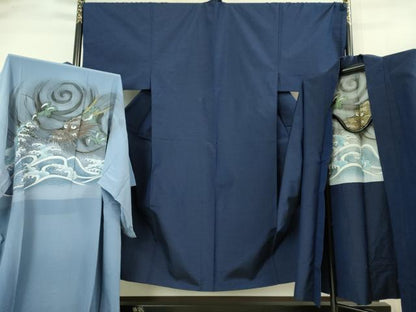 平和屋着物■極上　男性　薩摩結城　アンサンブル　長襦袢(無双仕立て)・長羽織セット　羽裏・龍　鉄紺色　逸品　DZAB2160kh6