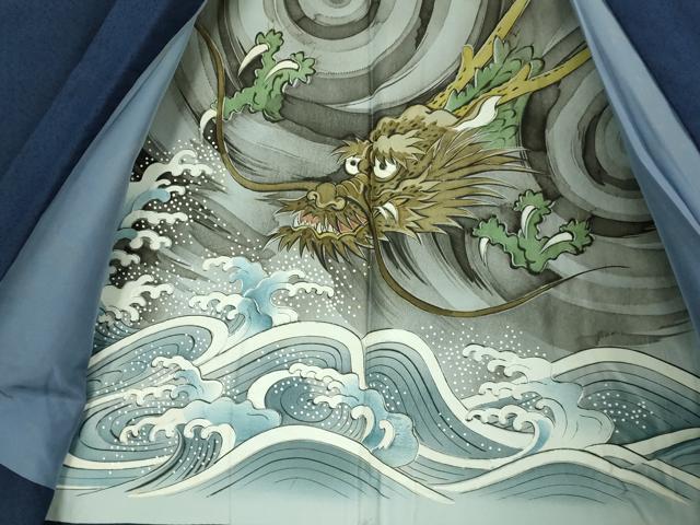 平和屋着物■極上　男性　薩摩結城　アンサンブル　長襦袢(無双仕立て)・長羽織セット　羽裏・龍　鉄紺色　逸品　DZAB2160kh6 平和屋着物□極上 男性 薩摩結城 アンサンブル 長襦袢(無双仕立て)・長