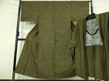平和屋着物●極上　男性　紬　アンサンブル　国防色　逸品　未使用　DZAB2161kh6