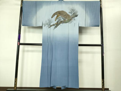 平和屋着物■極上　男性　紬　アンサンブル　長襦袢(袷)・長羽織セット　濃い青褐色　羽裏・鷹　逸品　未使用　DZAB2162kh6
