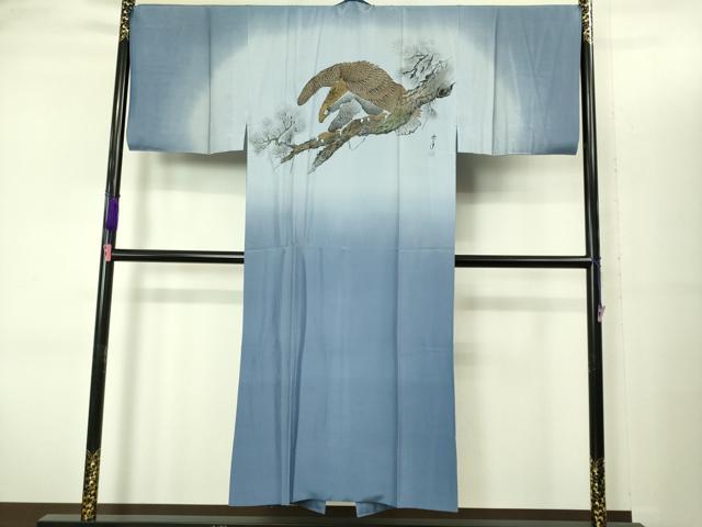 平和屋着物■極上　男性　紬　アンサンブル　長襦袢(袷)・長羽織セット　濃い青褐色　羽裏・鷹　逸品　未使用　DZAB2162kh6