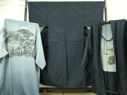 平和屋着物■極上　男性　紬　アンサンブル　長襦袢(袷)・長羽織セット　色無地　濃い藍鉄色　逸品　未使用　DZAB2166kh6