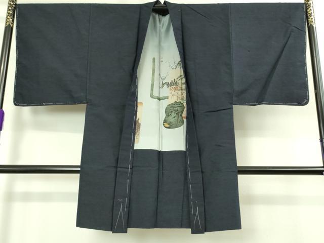 平和屋着物■極上　男性　紬　アンサンブル　長襦袢(袷)・長羽織セット　色無地　濃い藍鉄色　逸品　未使用　DZAB2166kh6
