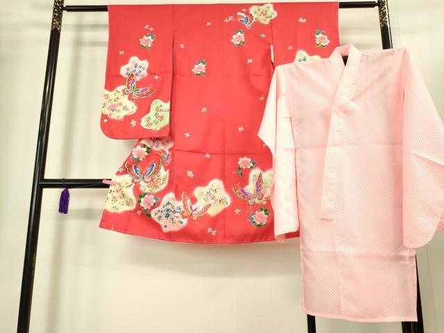 平和屋本店[]極上　七五三　女の子　3歳　祝着・襦袢セット　花蝶文　金彩　洗える着物　逸品　新品　DZAB2179kh6