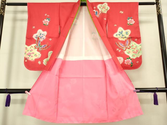 平和屋本店[]極上　七五三　女の子　3歳　祝着・襦袢セット　花蝶文　金彩　洗える着物　逸品　新品　DZAB2179kh6