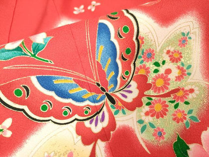 平和屋本店[]極上　七五三　女の子　3歳　祝着・襦袢セット　花蝶文　金彩　洗える着物　逸品　新品　DZAB2179kh6