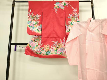 平和屋本店[]極上　七五三　女の子　3歳　祝着・襦袢セット　御所車花文　暈し染め　金彩　洗える着物　逸品　新品　DZAB2180kh6