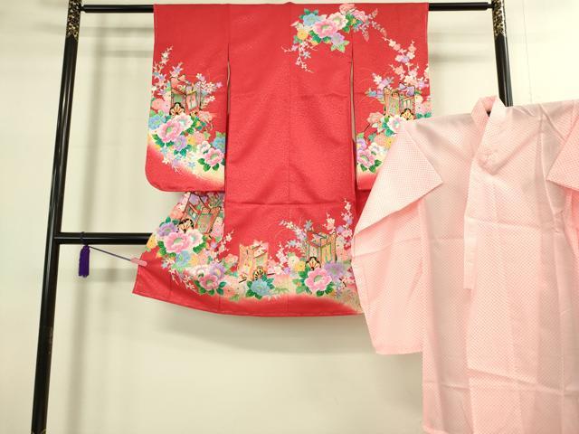 平和屋本店[]極上　七五三　女の子　3歳　祝着・襦袢セット　御所車花文　暈し染め　金彩　洗える着物　逸品　新品　DZAB2180kh6