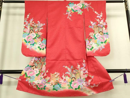 平和屋本店[]極上　七五三　女の子　3歳　祝着・襦袢セット　御所車花文　暈し染め　金彩　洗える着物　逸品　新品　DZAB2180kh6