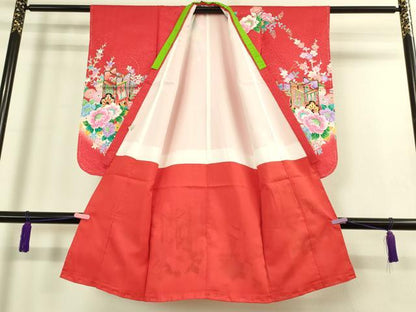 平和屋本店[]極上　七五三　女の子　3歳　祝着・襦袢セット　御所車花文　暈し染め　金彩　洗える着物　逸品　新品　DZAB2180kh6
