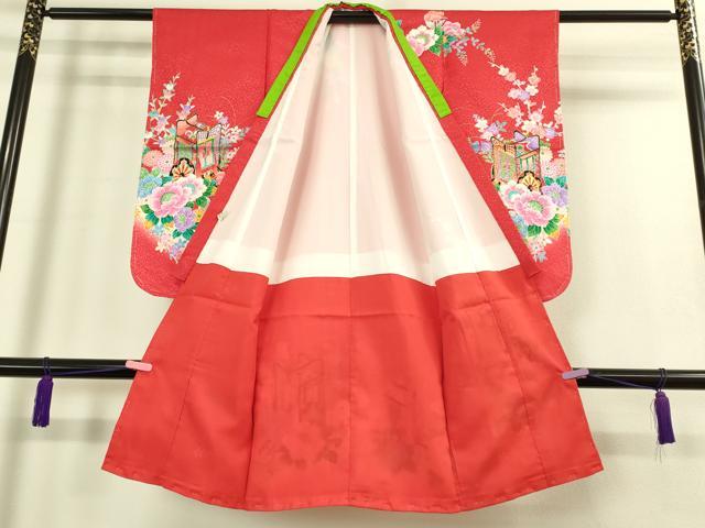 平和屋本店[]極上　七五三　女の子　3歳　祝着・襦袢セット　御所車花文　暈し染め　金彩　洗える着物　逸品　新品　DZAB2180kh6