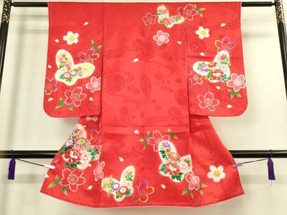 平和屋本店[]極上　七五三　女の子　3歳　祝着・襦袢セット　花蝶毬文　暈し染め　金彩　逸品　新品　DZAB2182kh6