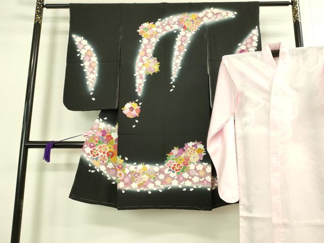 平和屋本店[]極上　七五三　女の子　3歳　祝着・襦袢セット　草花文　黒地　暈し染め　金彩　逸品　新品　DZAB2183kh6