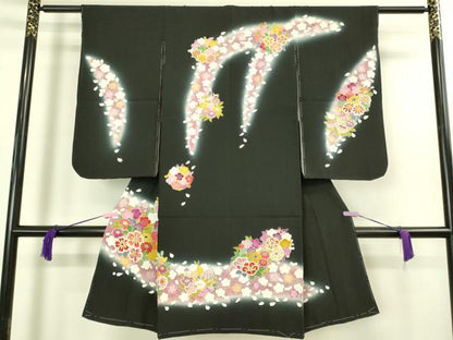 平和屋本店[]極上　七五三　女の子　3歳　祝着・襦袢セット　草花文　黒地　暈し染め　金彩　逸品　新品　DZAB2183kh6