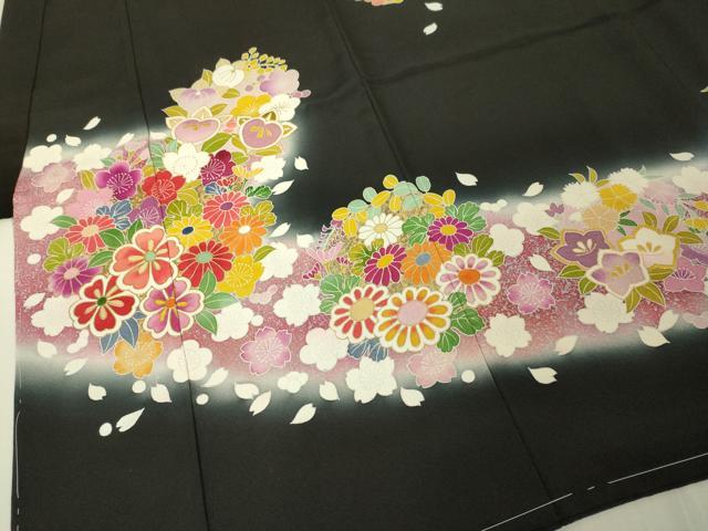 平和屋本店[]極上　七五三　女の子　3歳　祝着・襦袢セット　草花文　黒地　暈し染め　金彩　逸品　新品　DZAB2183kh6