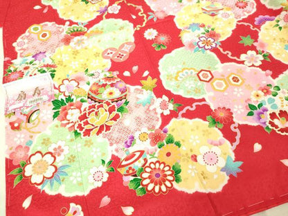 平和屋本店[]極上　七五三　女の子　7歳　祝着・襦袢セット　駒刺繍　雪輪花毬文　金彩　逸品　新品　DZAB2184kh6