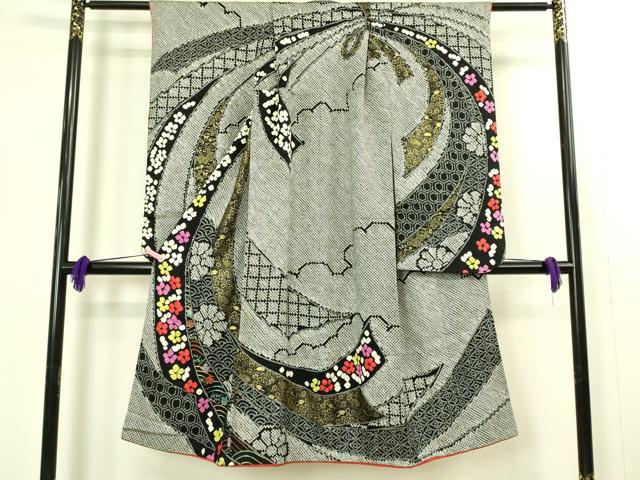 平和屋本店[]極上　七五三　女の子　7歳　祝着　総絞り　束ね熨斗花文　黒地　金彩　逸品　DZAB2185kh6