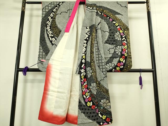 平和屋本店[]極上　七五三　女の子　7歳　祝着　総絞り　束ね熨斗花文　黒地　金彩　逸品　DZAB2185kh6