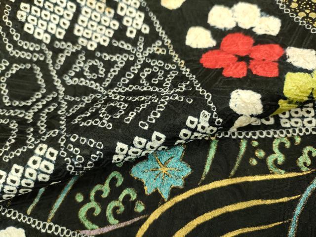 平和屋本店[]極上　七五三　女の子　7歳　祝着　総絞り　束ね熨斗花文　黒地　金彩　逸品　DZAB2185kh6