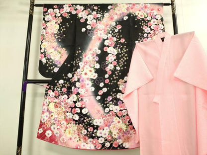 平和屋本店[]極上　七五三　女の子　7歳　祝着・襦袢セット　花毬文　黒地　暈し染め　金彩　逸品　新品　DZAB2186kh6