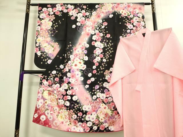 平和屋本店[]極上　七五三　女の子　7歳　祝着・襦袢セット　花毬文　黒地　暈し染め　金彩　逸品　新品　DZAB2186kh6