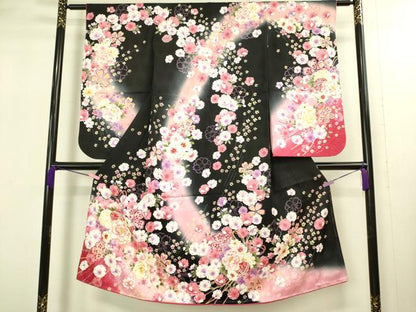 平和屋本店[]極上　七五三　女の子　7歳　祝着・襦袢セット　花毬文　黒地　暈し染め　金彩　逸品　新品　DZAB2186kh6