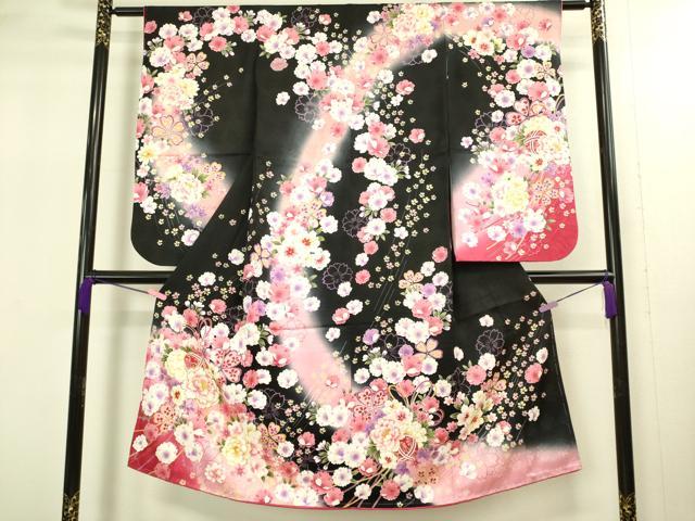 平和屋本店[]極上　七五三　女の子　7歳　祝着・襦袢セット　花毬文　黒地　暈し染め　金彩　逸品　新品　DZAB2186kh6