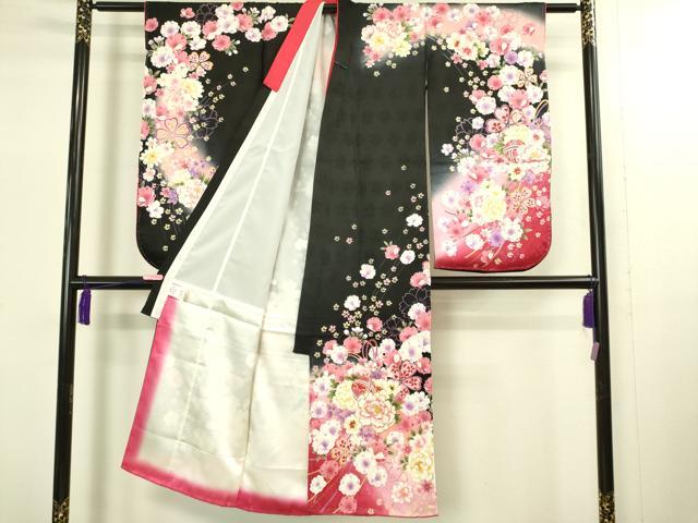 平和屋本店[]極上　七五三　女の子　7歳　祝着・襦袢セット　花毬文　黒地　暈し染め　金彩　逸品　新品　DZAB2186kh6