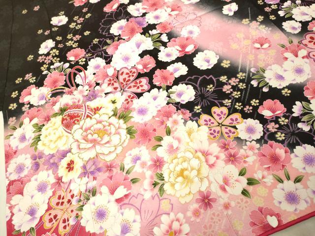 平和屋本店[]極上　七五三　女の子　7歳　祝着・襦袢セット　花毬文　黒地　暈し染め　金彩　逸品　新品　DZAB2186kh6
