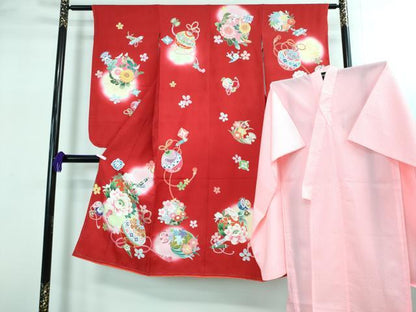 平和屋本店[]極上　七五三　女の子　7歳　祝着・襦袢セット　宝尽くし　花鈴　暈し染め　金彩　逸品　新品　DZAB2187kh6