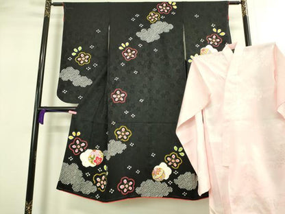 平和屋本店[]極上　七五三　女の子　7歳　祝着・襦袢セット　駒刺繍　絞り　花毬文　黒地　金彩　逸品　新品　DZAB2188kh6