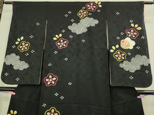 平和屋本店[]極上　七五三　女の子　7歳　祝着・襦袢セット　駒刺繍　絞り　花毬文　黒地　金彩　逸品　新品　DZAB2188kh6