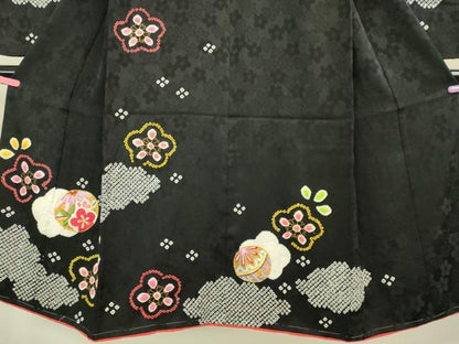 平和屋本店[]極上　七五三　女の子　7歳　祝着・襦袢セット　駒刺繍　絞り　花毬文　黒地　金彩　逸品　新品　DZAB2188kh6