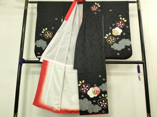 平和屋本店[]極上　七五三　女の子　7歳　祝着・襦袢セット　駒刺繍　絞り　花毬文　黒地　金彩　逸品　新品　DZAB2188kh6