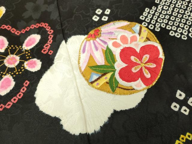 平和屋本店[]極上　七五三　女の子　7歳　祝着・襦袢セット　駒刺繍　絞り　花毬文　黒地　金彩　逸品　新品　DZAB2188kh6