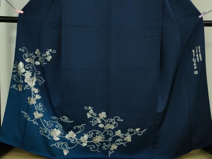 平和屋本店●極上　金彩友禅　卓越技能者・名工・和田光正　訪問着　葡萄蔦の葉文　濃藍色地　暈し染め　銀彩　逸品　DZAB2202kh6