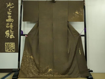 平和屋本店●極上 金彩友禅 卓越技能者・名工・和田光正 訪問着 光正高蒔絵 鳳凰唐草 海松茶色地 暈し染め 金彩 ロング丈 逸品 DZAB2203kh6