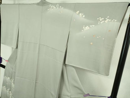 平和屋着物●極上　銀座きしや　訪問着　駒刺繍　楓花文　灰青色地　暈し染め　金彩　たとう紙付き　逸品　DZAB2204kh6