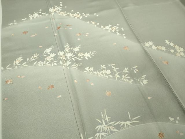 平和屋着物●極上　銀座きしや　訪問着　駒刺繍　楓花文　灰青色地　暈し染め　金彩　たとう紙付き　逸品　DZAB2204kh6