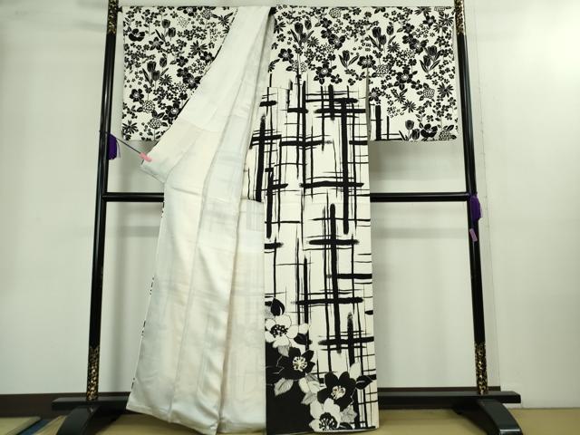 平和屋本店●極上　訪問着　オマージュ　草花文　白×黒　金彩　逸品　DZAB2205kh6