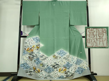 平和屋本店●極上　人間国宝・羽田登喜男　色留袖　鴛鴦7羽　薄青色地　暈し染め　金銀彩　阪急百貨店扱い　逸品　DZAB2206kh6