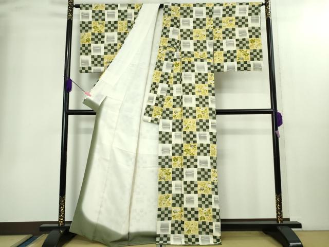 平和屋本店●極上　銀座　志ま亀　小紋　市松吉祥花竹文　鬼しぼ縮緬　たとう紙付き　逸品　DZAB2207kh6