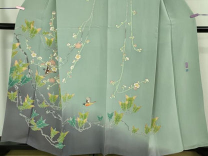 平和屋本店●極上　本加賀友禅作家　百貫華峰　訪問着　飛鶴松梅文　青竹色地　暈し染め　逸品　DZAB2209kh6