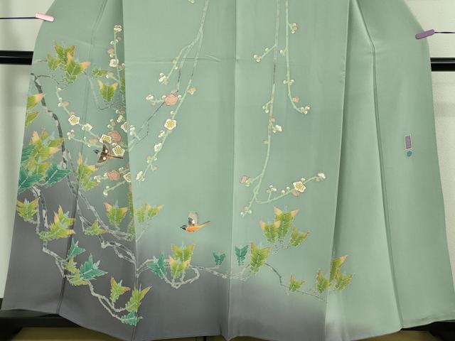 平和屋本店●極上　本加賀友禅作家　百貫華峰　訪問着　飛鶴松梅文　青竹色地　暈し染め　逸品　DZAB2209kh6